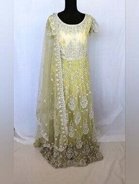 Green Net beads work Anarkali Gown With Dupatta